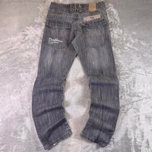 Y2K DNMEST-095 Denim Jeans Mens 32 Gray Embroidered Moto Biker Distressed